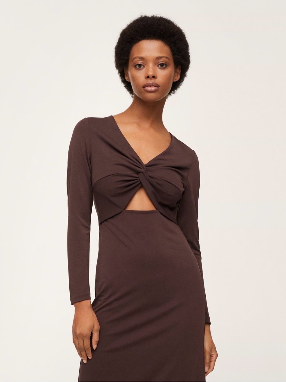NWT Mango Brown Twist Front Cut Out Midi Dress Long Sleeve Size S - Picture 2 of 7